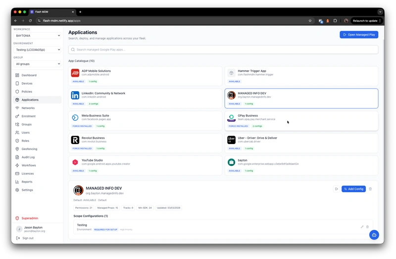Application catalogue with Managed Google Play integration, app deployment configurations, and store configurations