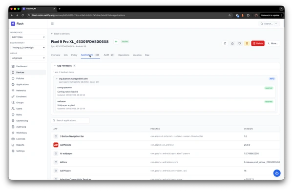 Device applications tab with app feedback, installed apps list, and versions
