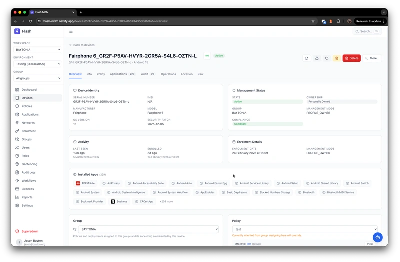 Device detail view showing identity, management status, installed applications, and policy assignments