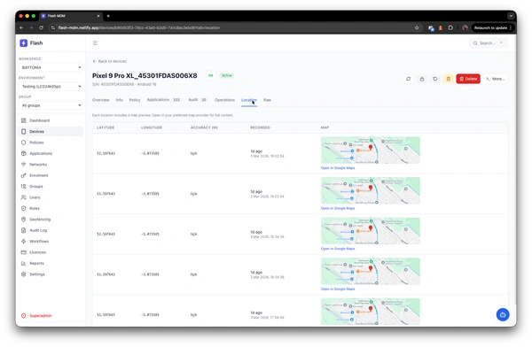 Device location tracking with Google Maps integration and coordinate history