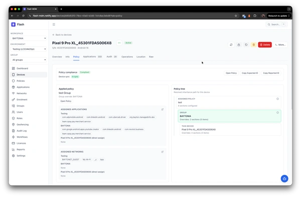 Device policy tab showing applied policy, assigned applications, networks, and policy tree