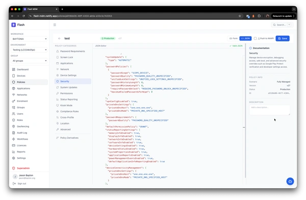 JSON policy editor with syntax highlighting and real-time documentation panel