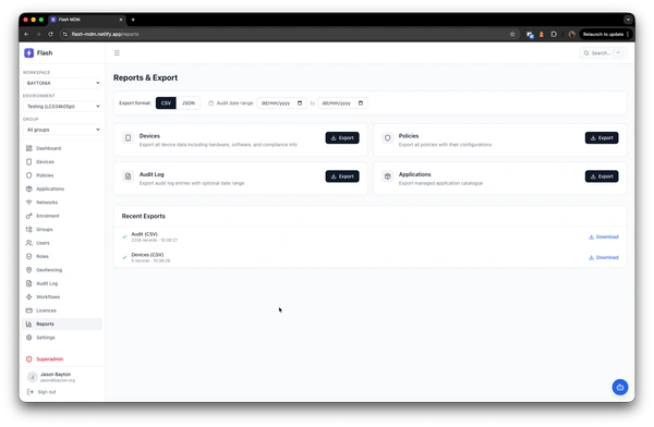 Reports and export interface with CSV and JSON format options for devices, policies, and audit logs