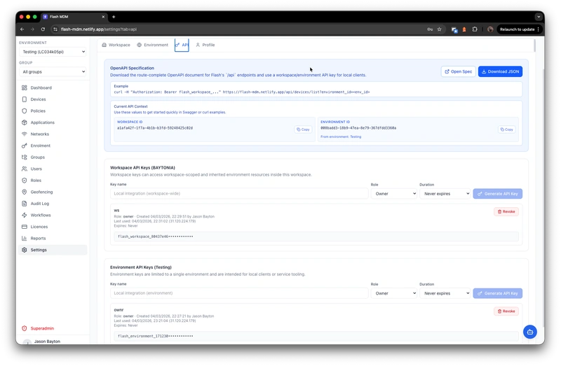 API settings showing OpenAPI specification download, workspace API keys with usage tracking, and environment-scoped keys
