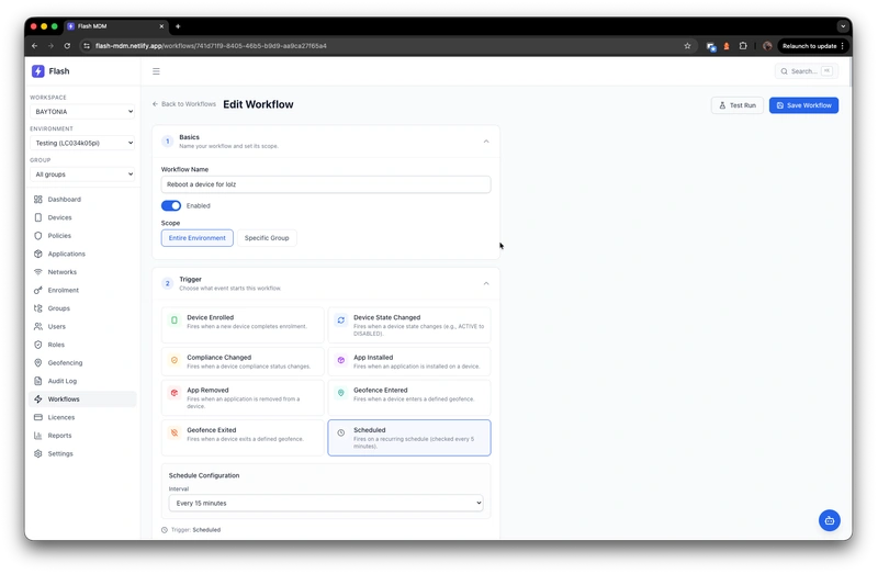 Workflow builder with event triggers including device enrolled, compliance changed, geofence entered, and scheduled options