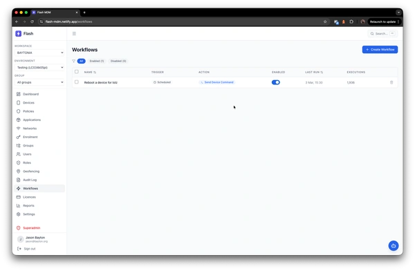 Workflow list with triggers, actions, execution counts, and enable/disable toggles